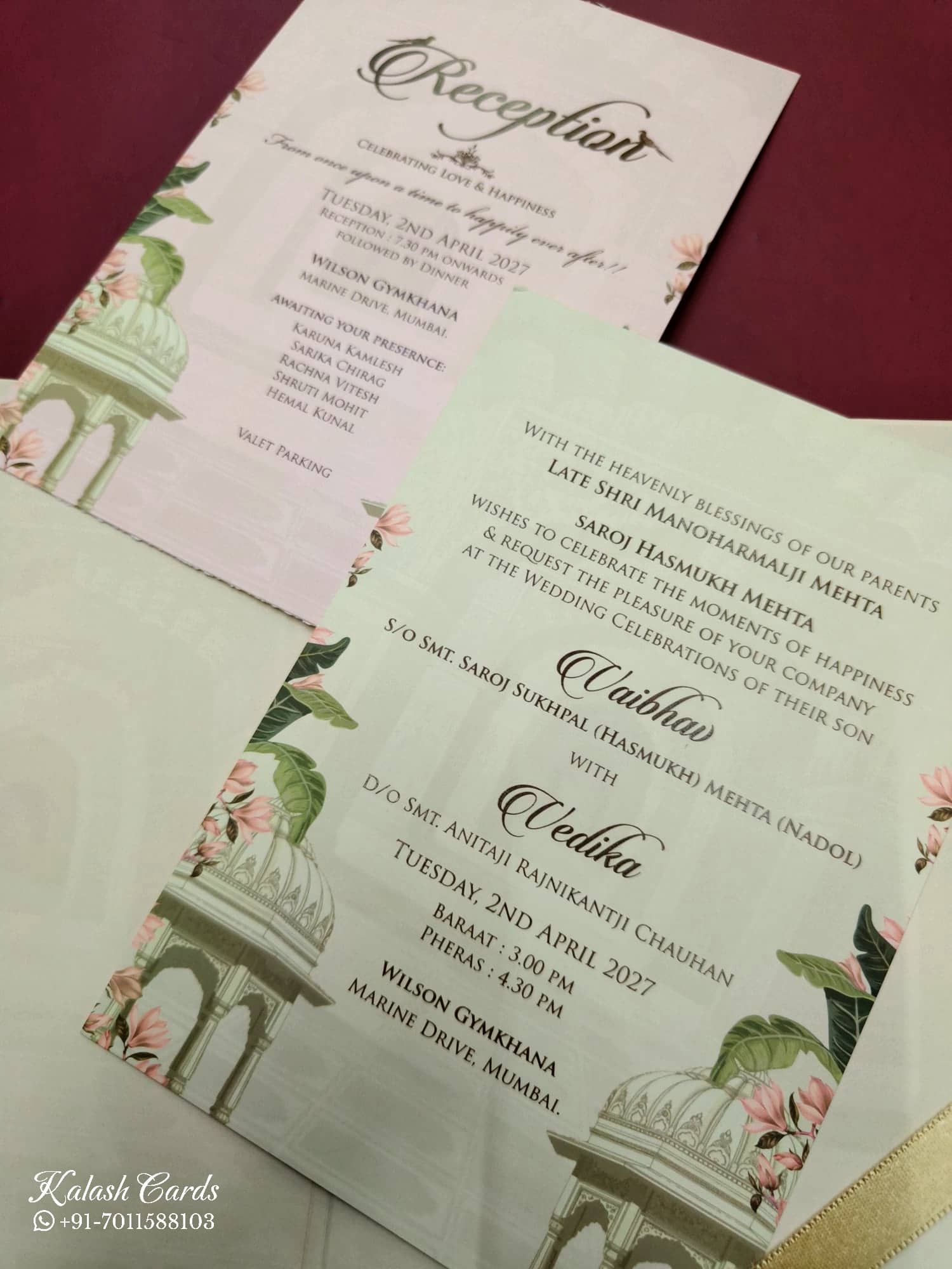 KLB809 Royal Fort Design Creme Color Hardboard Padding Thick Wedding Card (2 Page & Couple Name Acrylic)