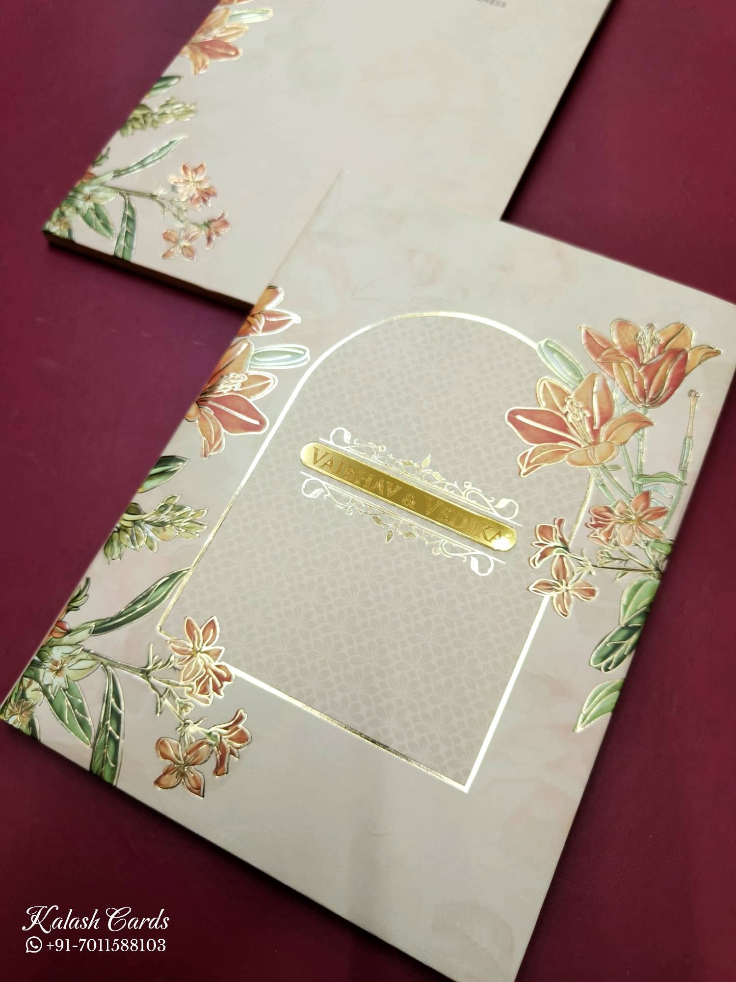 KLB810 Floral Design Creme Color Hardboard Padding Thick Wedding Card (2 Page & Couple Name Acrylic)