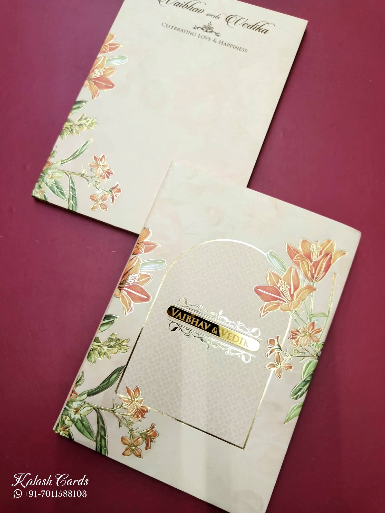 KLB810 Floral Design Creme Color Hardboard Padding Thick Wedding Card (2 Page & Couple Name Acrylic)