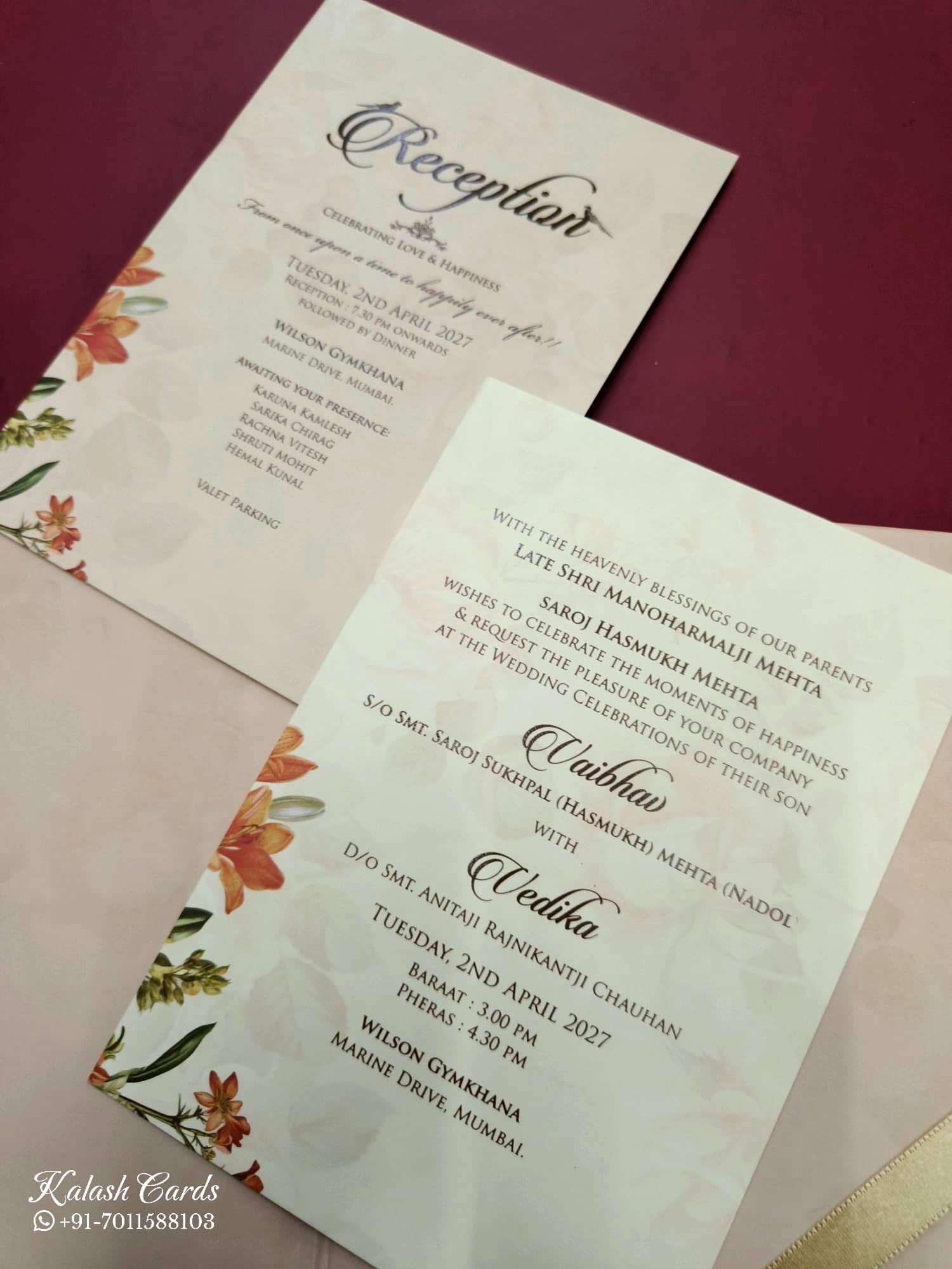 KLB810 Floral Design Creme Color Hardboard Padding Thick Wedding Card (2 Page & Couple Name Acrylic)