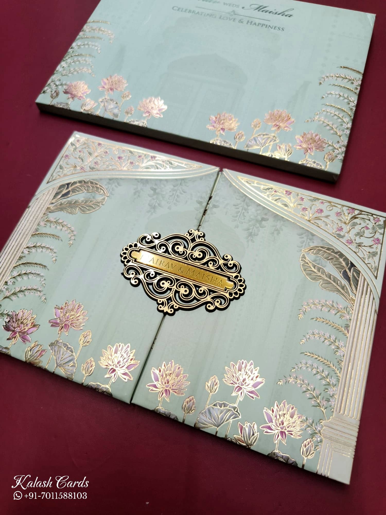KLB811 Lotus Floral Design Green Color Double Door Style Hardboard Padding Thick Wedding Card (2 Page & Couple Name Acrylic)