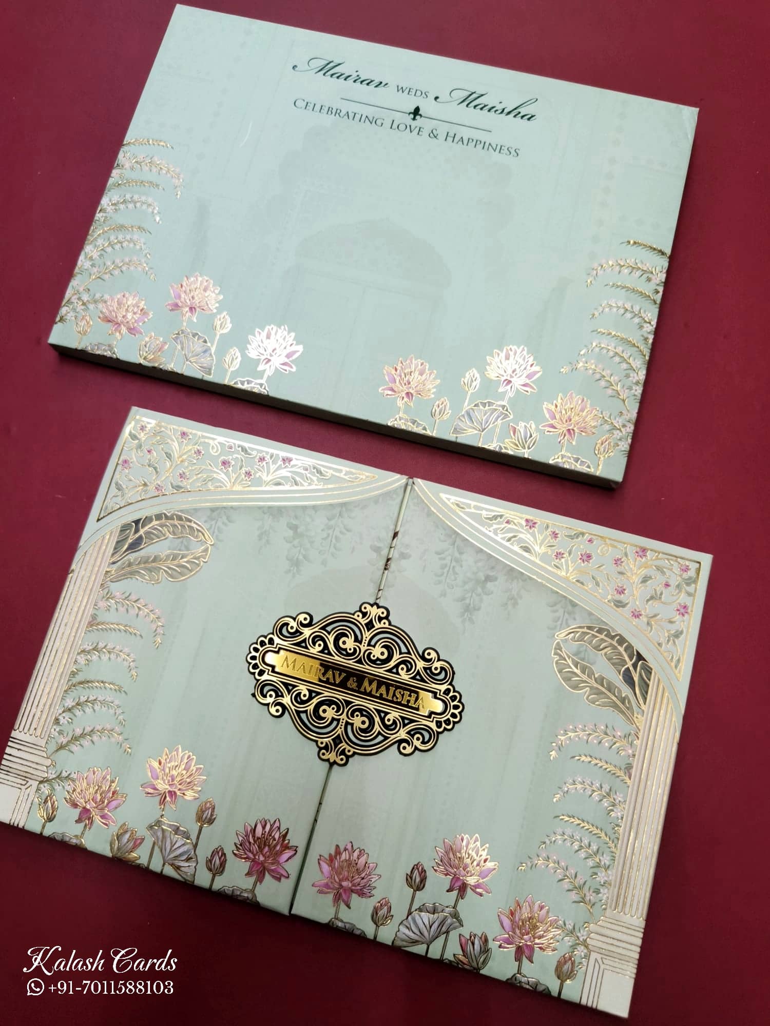 KLB811 Lotus Floral Design Green Color Double Door Style Hardboard Padding Thick Wedding Card (2 Page & Couple Name Acrylic)