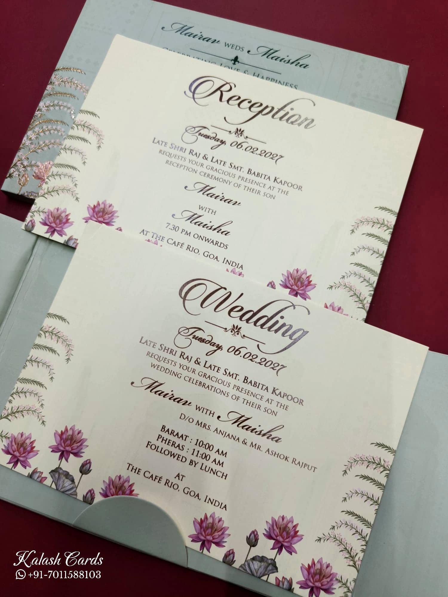 KLB811 Lotus Floral Design Green Color Double Door Style Hardboard Padding Thick Wedding Card (2 Page & Couple Name Acrylic)