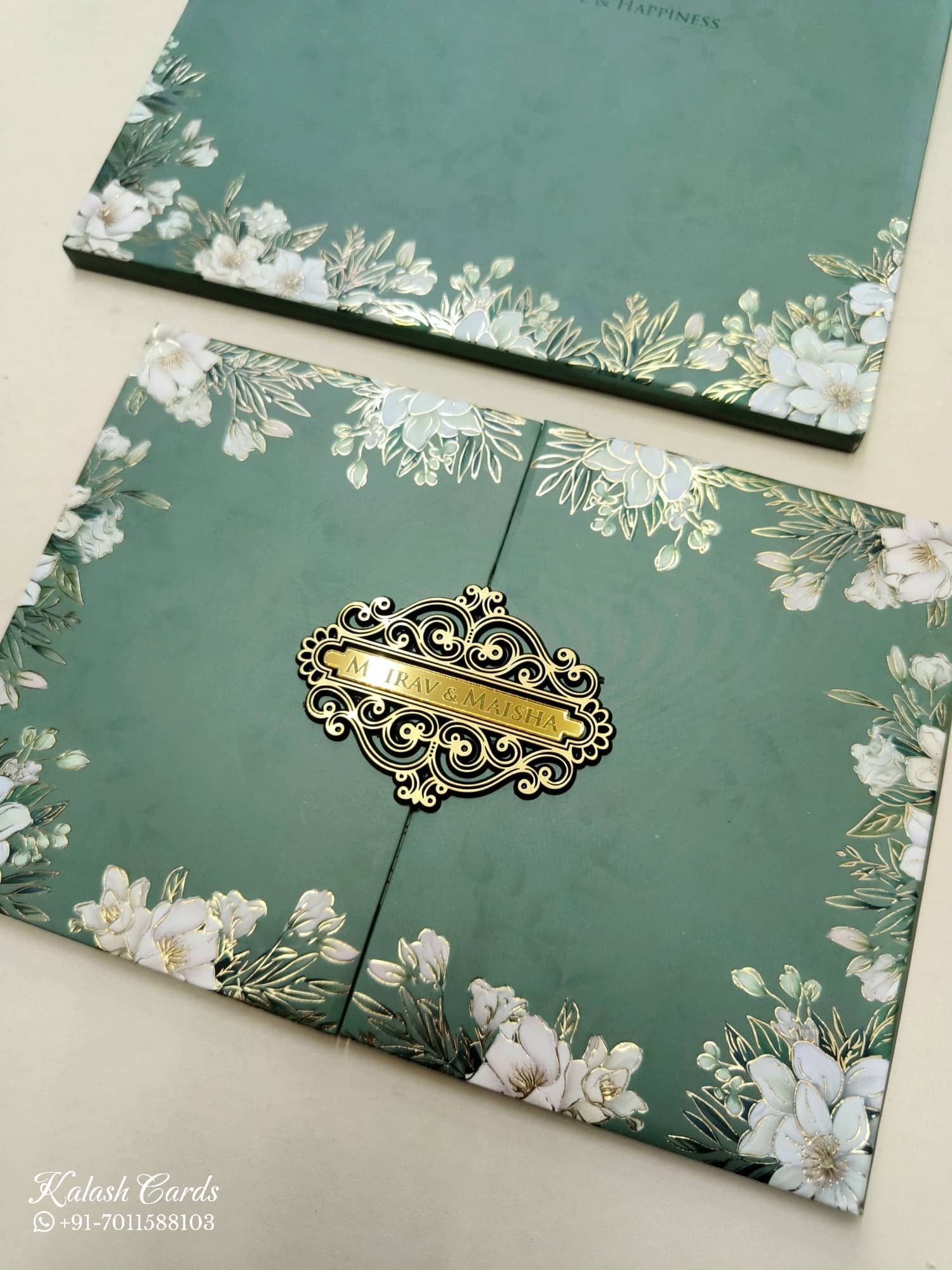 KLB812 Floral Design Green Color Double Door Style Hardboard Padding Thick Wedding Card (2 Page & Couple Name Acrylic)