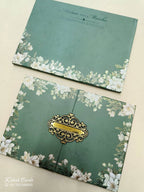 KLB812 Floral Design Green Color Double Door Style Hardboard Padding Thick Wedding Card (2 Page & Couple Name Acrylic)