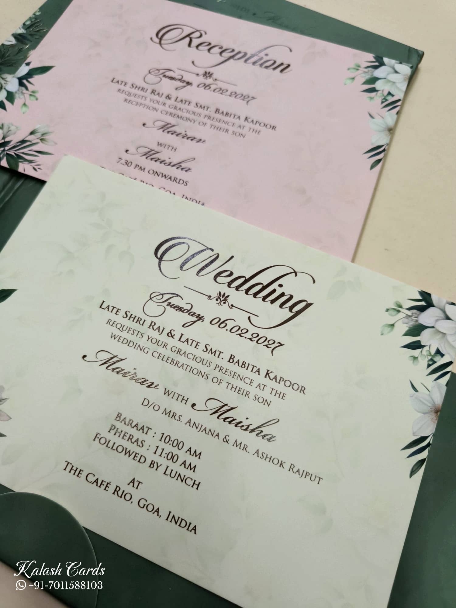 KLB812 Floral Design Green Color Double Door Style Hardboard Padding Thick Wedding Card (2 Page & Couple Name Acrylic)
