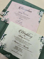 KLB812 Floral Design Green Color Double Door Style Hardboard Padding Thick Wedding Card (2 Page & Couple Name Acrylic)