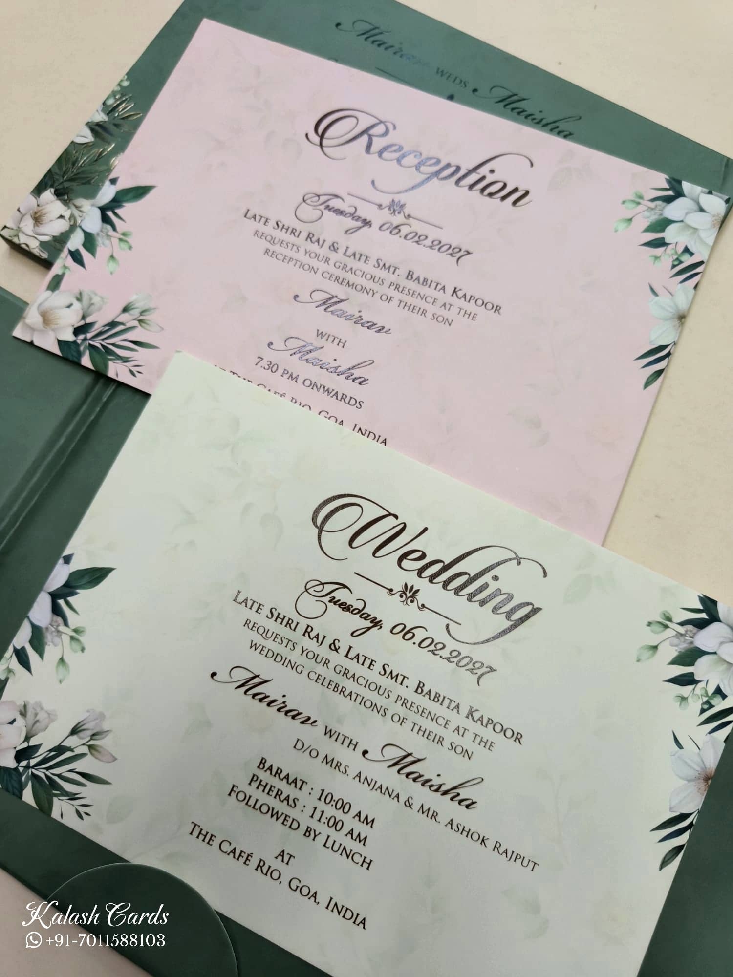 KLB812 Floral Design Green Color Double Door Style Hardboard Padding Thick Wedding Card (2 Page & Couple Name Acrylic)
