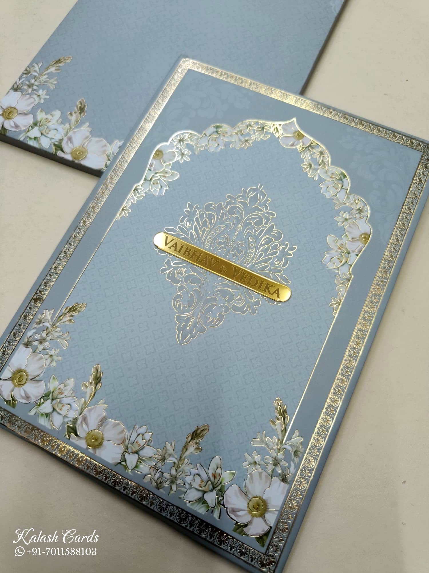 KLB813 Floral Design Blue Color Hardboard Padding Thick Wedding Card (2 Page & Couple Name Acrylic)