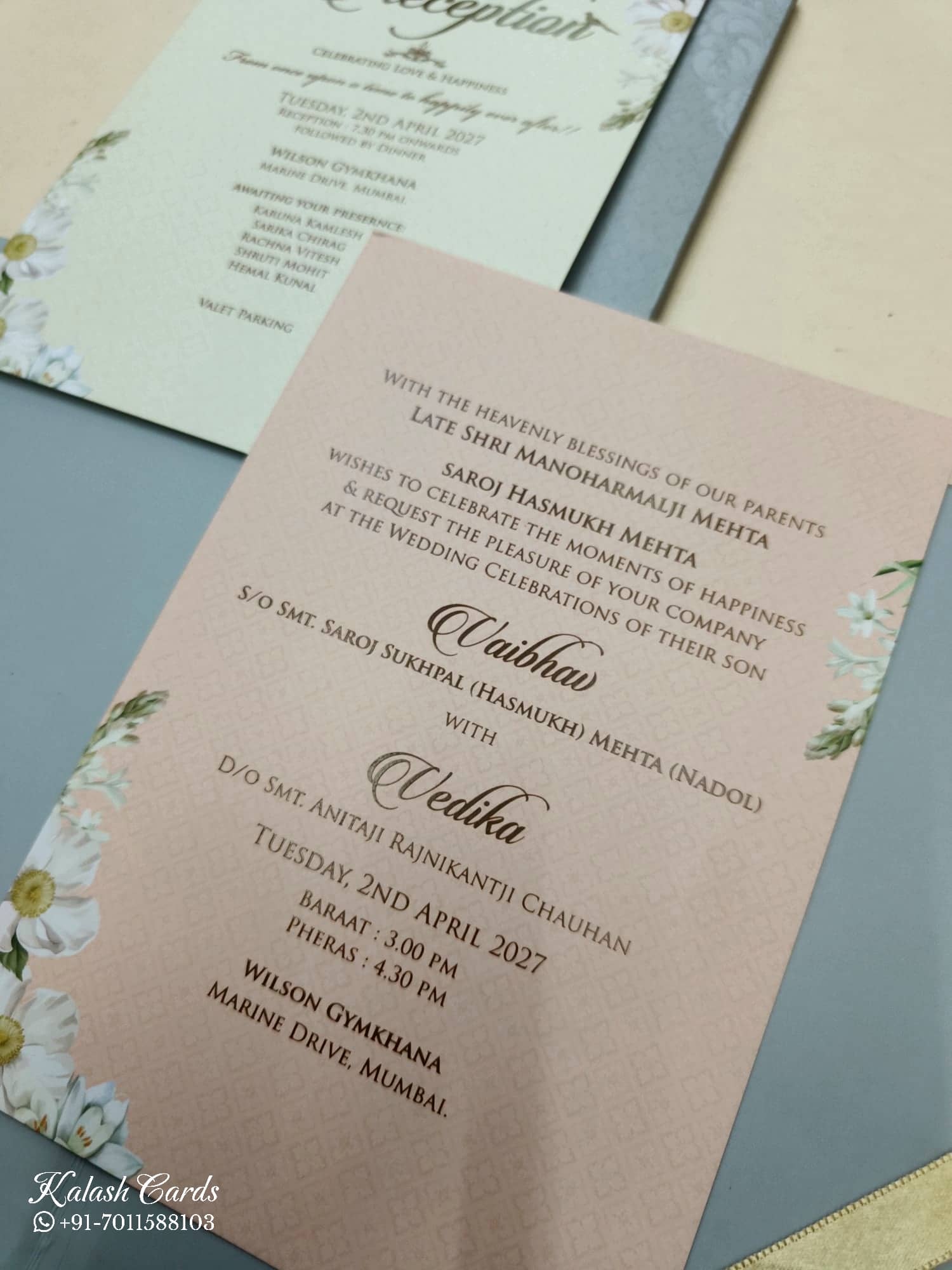 KLB813 Floral Design Blue Color Hardboard Padding Thick Wedding Card (2 Page & Couple Name Acrylic)