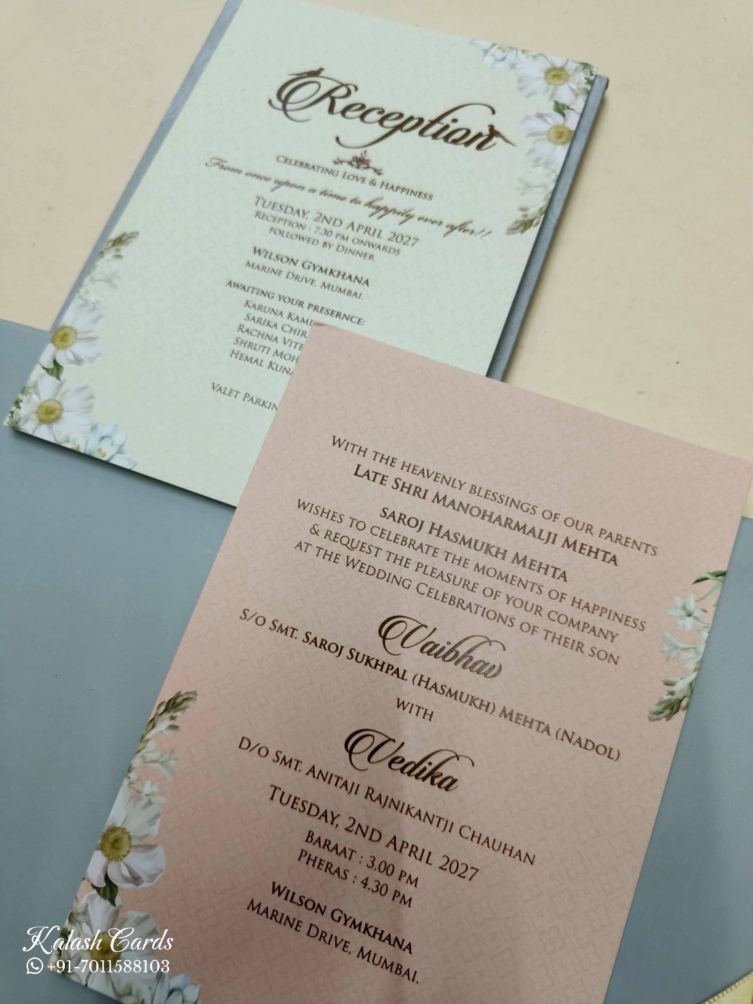 KLB813 Floral Design Blue Color Hardboard Padding Thick Wedding Card (2 Page & Couple Name Acrylic)