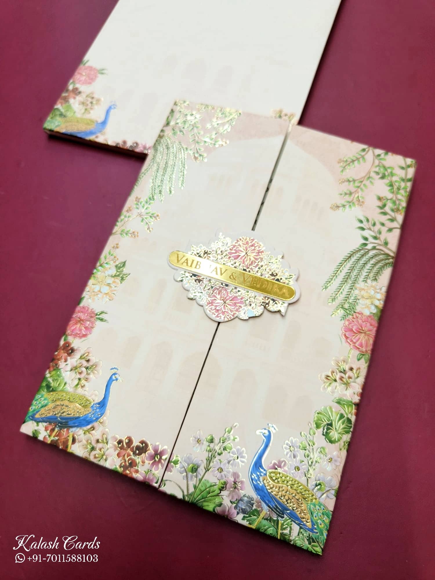 KLB814 Peacock Design Peach Color Double Door Style Hardboard Padding Thick Wedding Card (2 Page & Couple Name Acrylic)