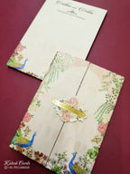 KLB814 Peacock Design Peach Color Double Door Style Hardboard Padding Thick Wedding Card (2 Page & Couple Name Acrylic)