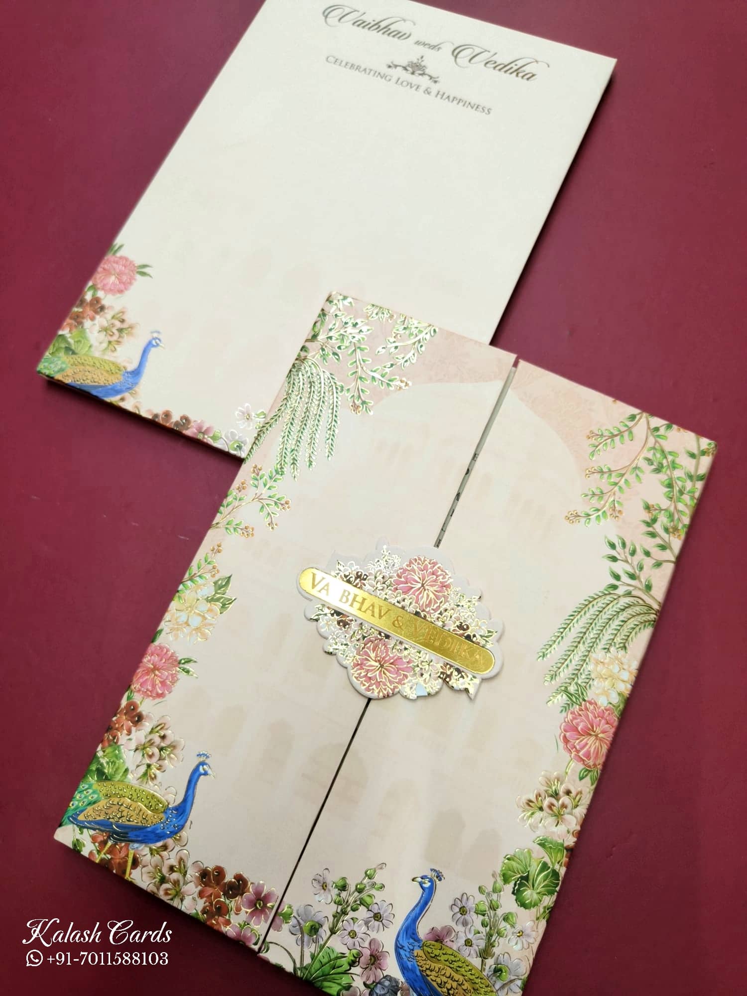KLB814 Peacock Design Peach Color Double Door Style Hardboard Padding Thick Wedding Card (2 Page & Couple Name Acrylic)