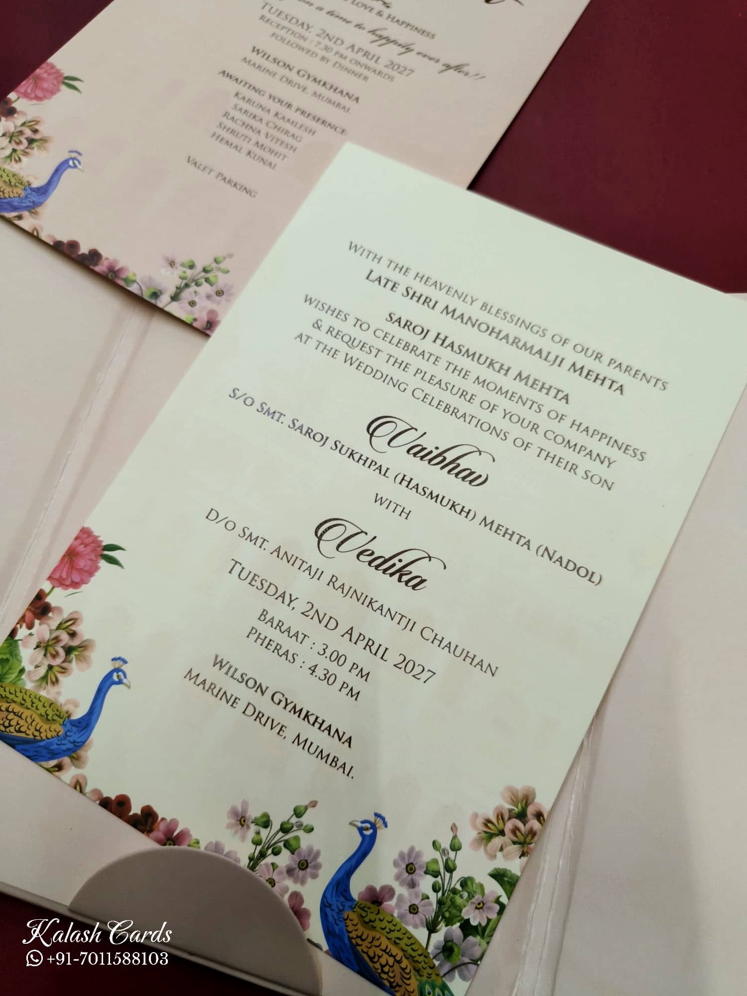 KLB814 Peacock Design Peach Color Double Door Style Hardboard Padding Thick Wedding Card (2 Page & Couple Name Acrylic)