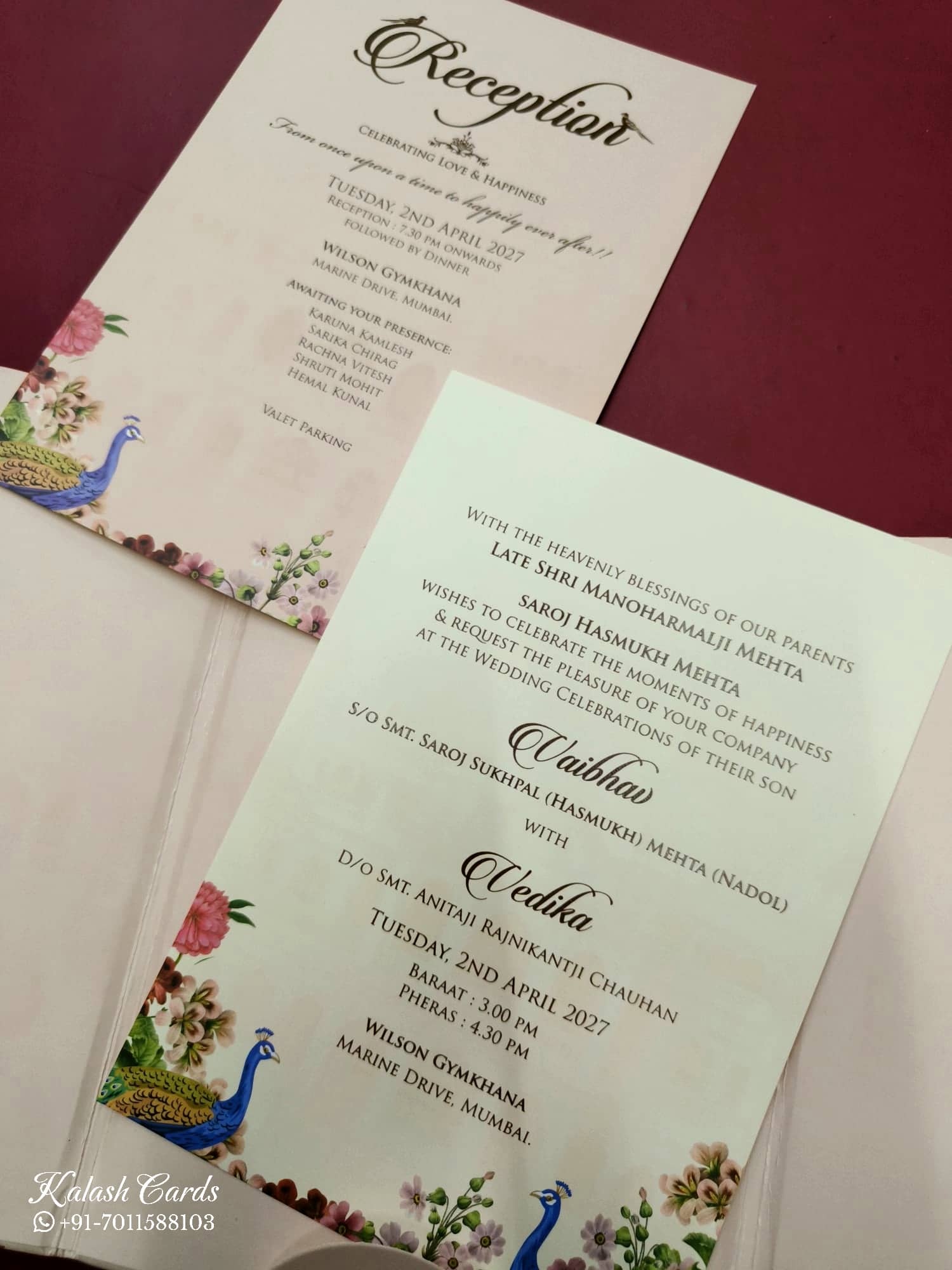 KLB814 Peacock Design Peach Color Double Door Style Hardboard Padding Thick Wedding Card (2 Page & Couple Name Acrylic)