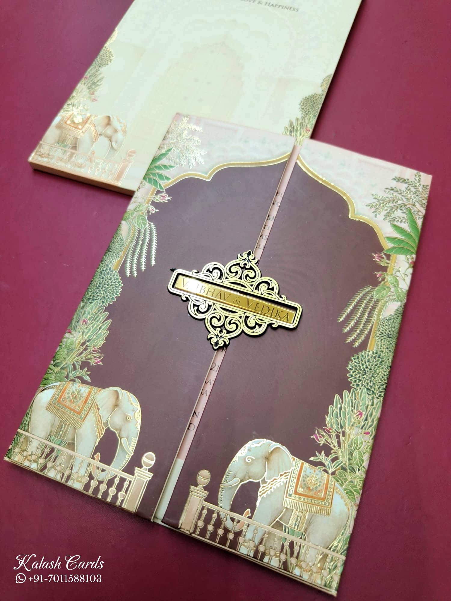 KLB815 Elephant Design Maroon Color Double Door Style Hardboard Padding Thick Wedding Card (2 Page & Couple Name Acrylic)