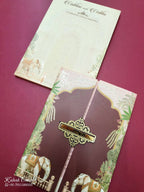 KLB815 Elephant Design Maroon Color Double Door Style Hardboard Padding Thick Wedding Card (2 Page & Couple Name Acrylic)