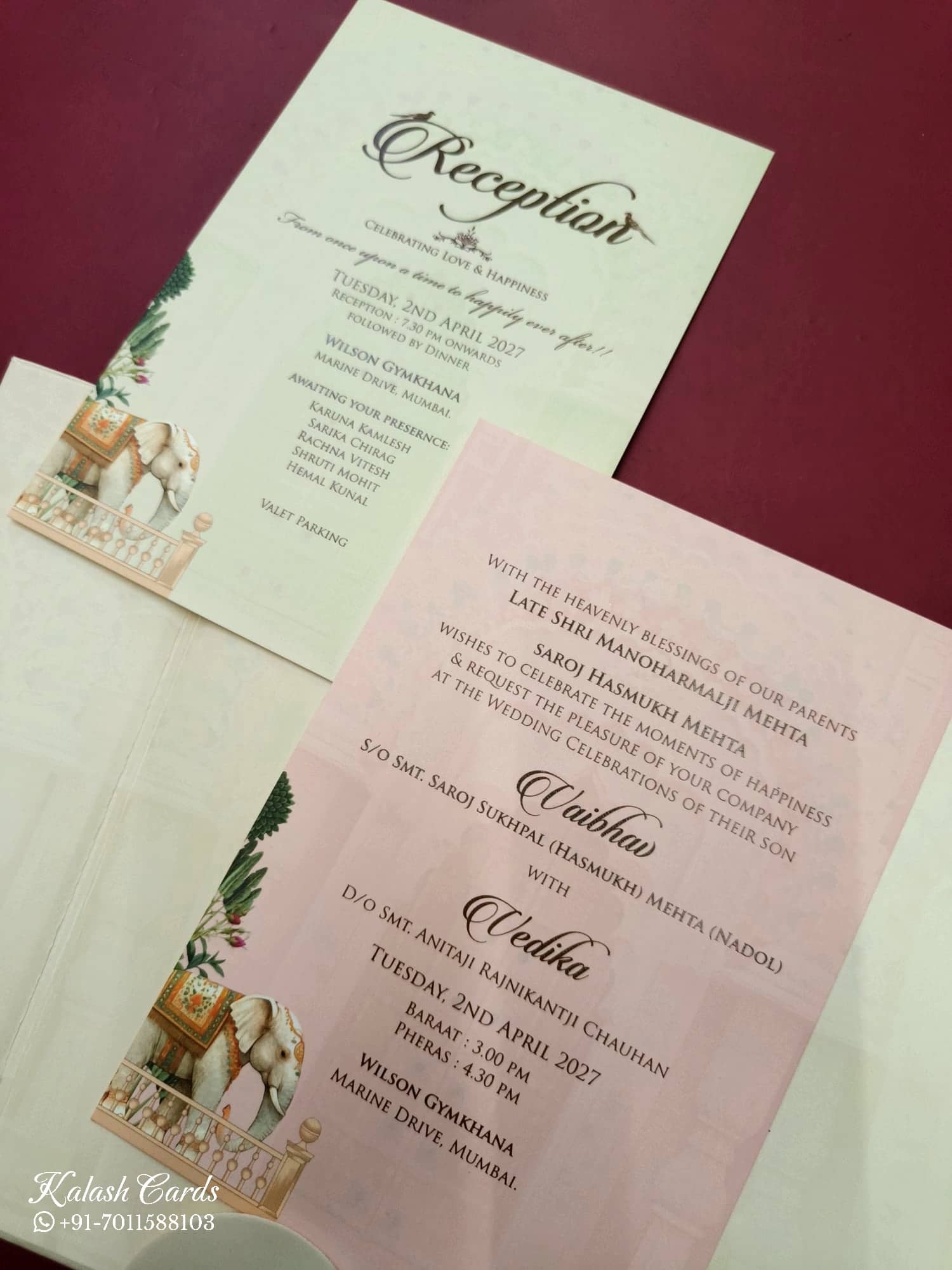 KLB815 Elephant Design Maroon Color Double Door Style Hardboard Padding Thick Wedding Card (2 Page & Couple Name Acrylic)