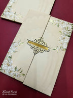 KLB816 Floral Design Peach Color Double Door Style Hardboard Padding Thick Wedding Card (2 Page & Couple Name Acrylic)