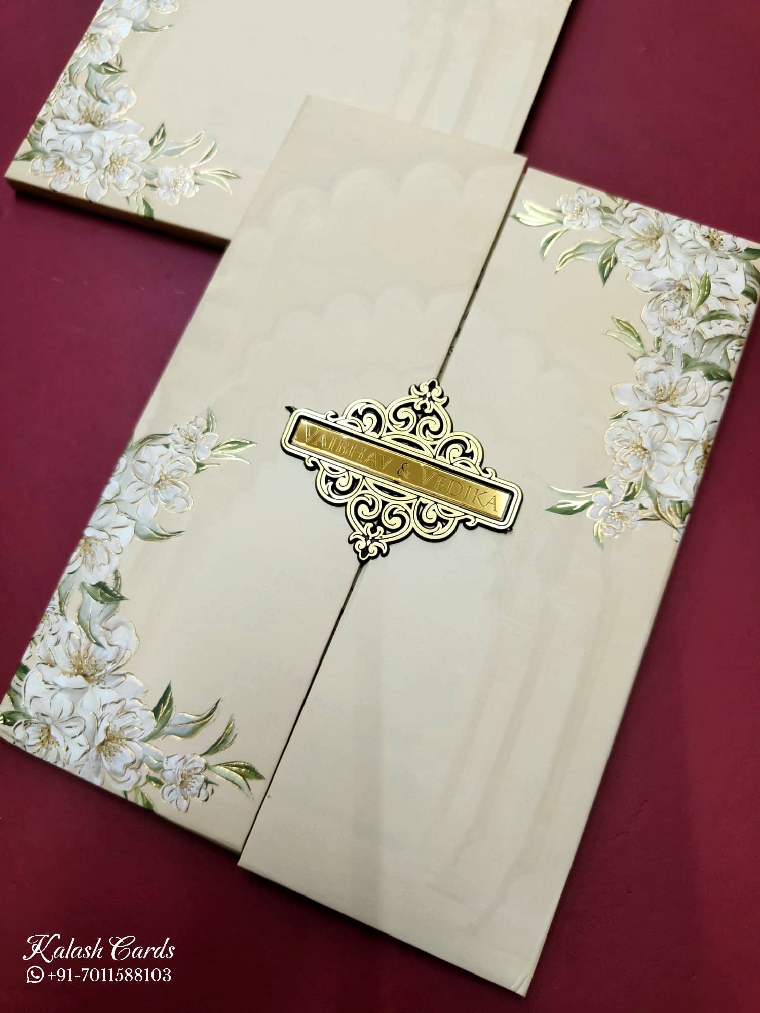 KLB816 Floral Design Peach Color Double Door Style Hardboard Padding Thick Wedding Card (2 Page & Couple Name Acrylic)