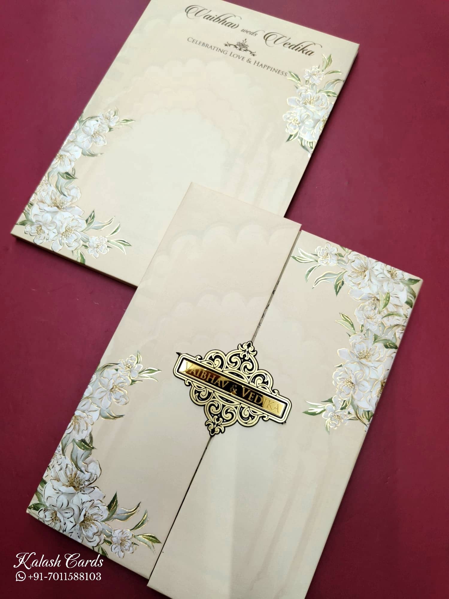 KLB816 Floral Design Peach Color Double Door Style Hardboard Padding Thick Wedding Card (2 Page & Couple Name Acrylic)