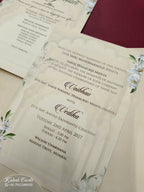 KLB816 Floral Design Peach Color Double Door Style Hardboard Padding Thick Wedding Card (2 Page & Couple Name Acrylic)