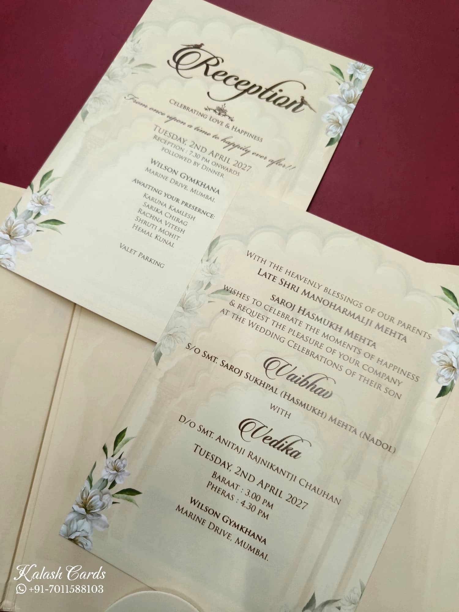 KLB816 Floral Design Peach Color Double Door Style Hardboard Padding Thick Wedding Card (2 Page & Couple Name Acrylic)