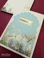 KLB817 Royal Fort Peacock Design Creme Blue Color Hardboard Padding Thick Wedding Card (2 Page & Couple Name Acrylic)