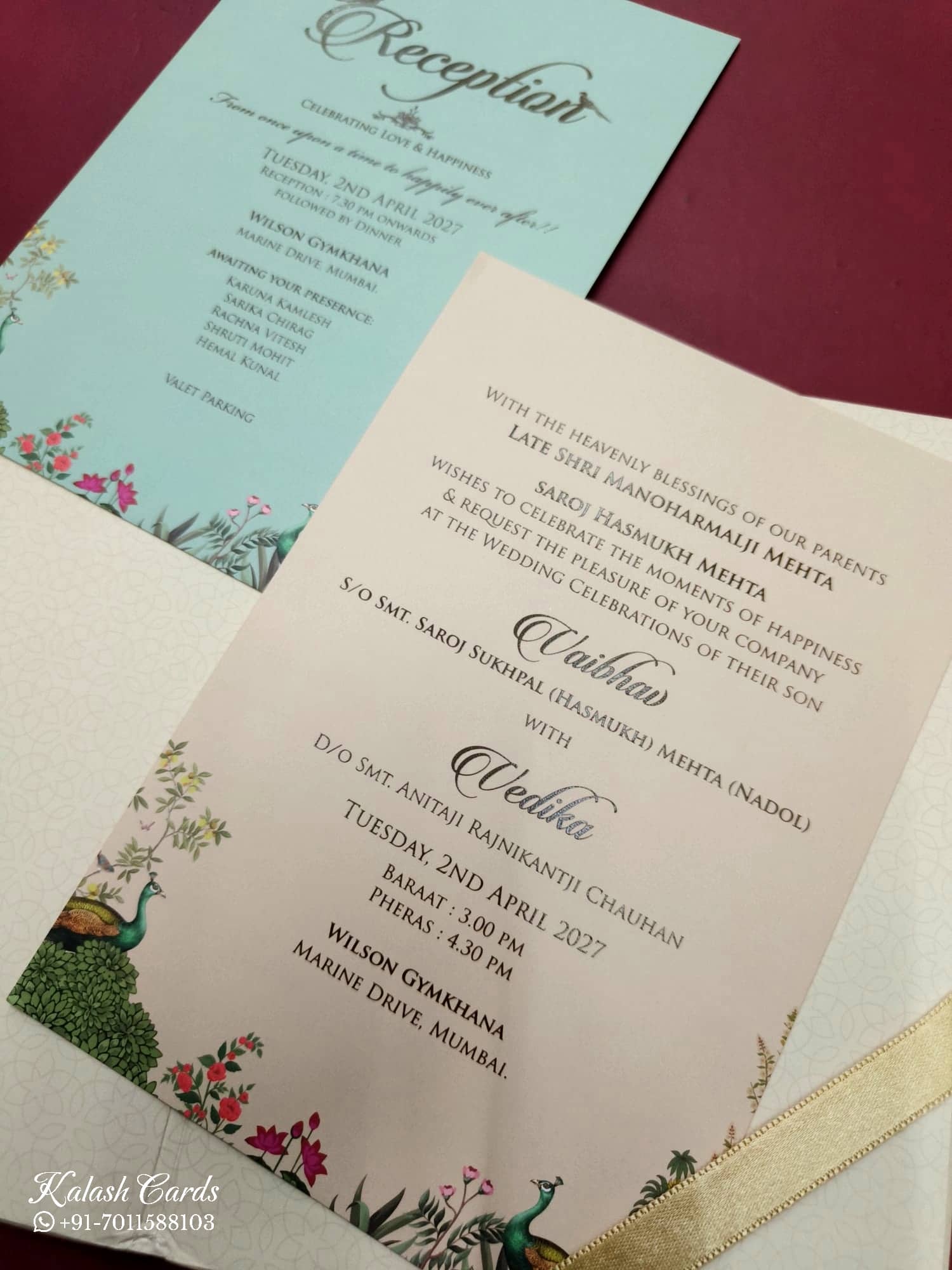 KLB817 Royal Fort Peacock Design Creme Blue Color Hardboard Padding Thick Wedding Card (2 Page & Couple Name Acrylic)