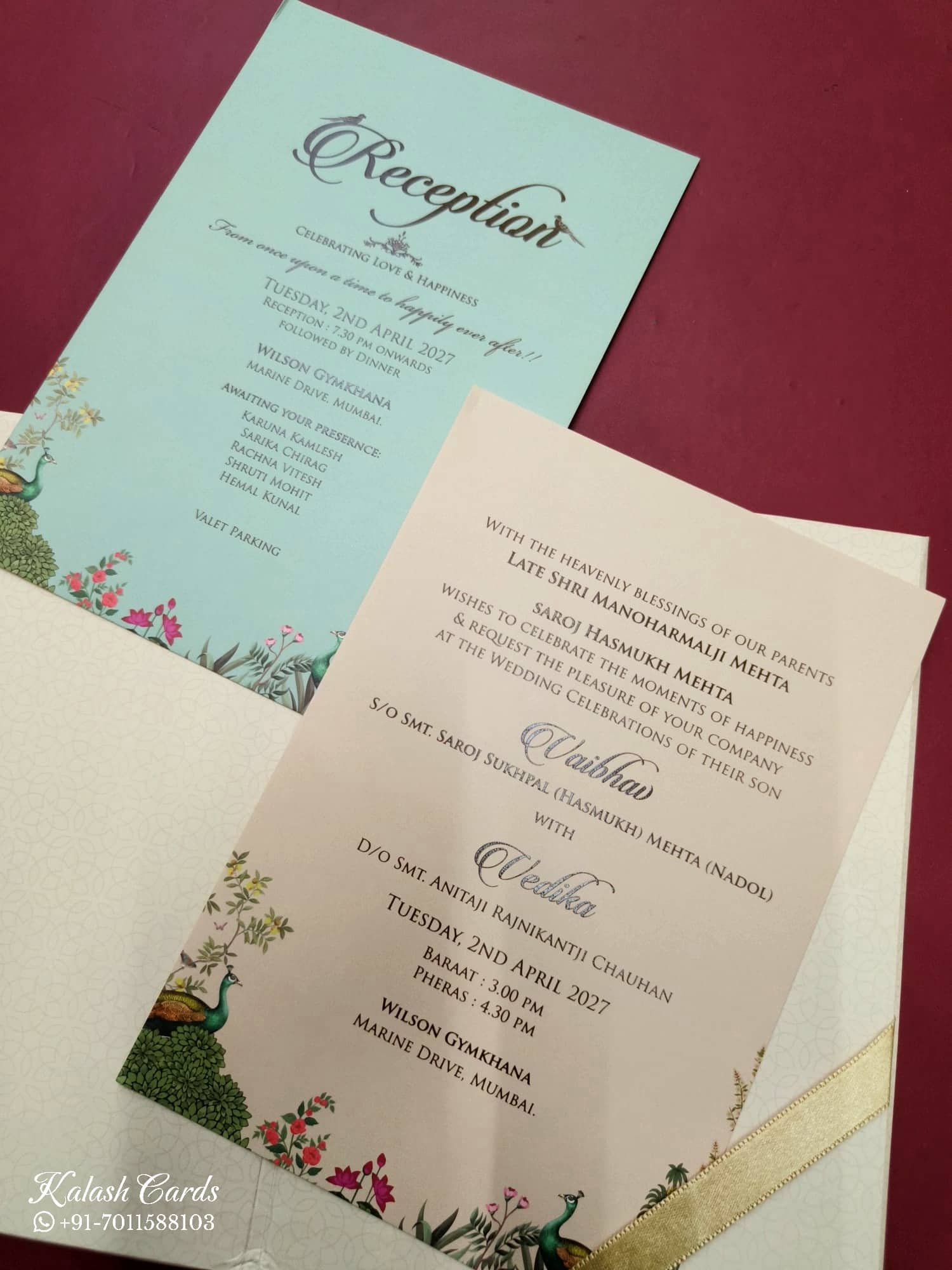 KLB817 Royal Fort Peacock Design Creme Blue Color Hardboard Padding Thick Wedding Card (2 Page & Couple Name Acrylic)