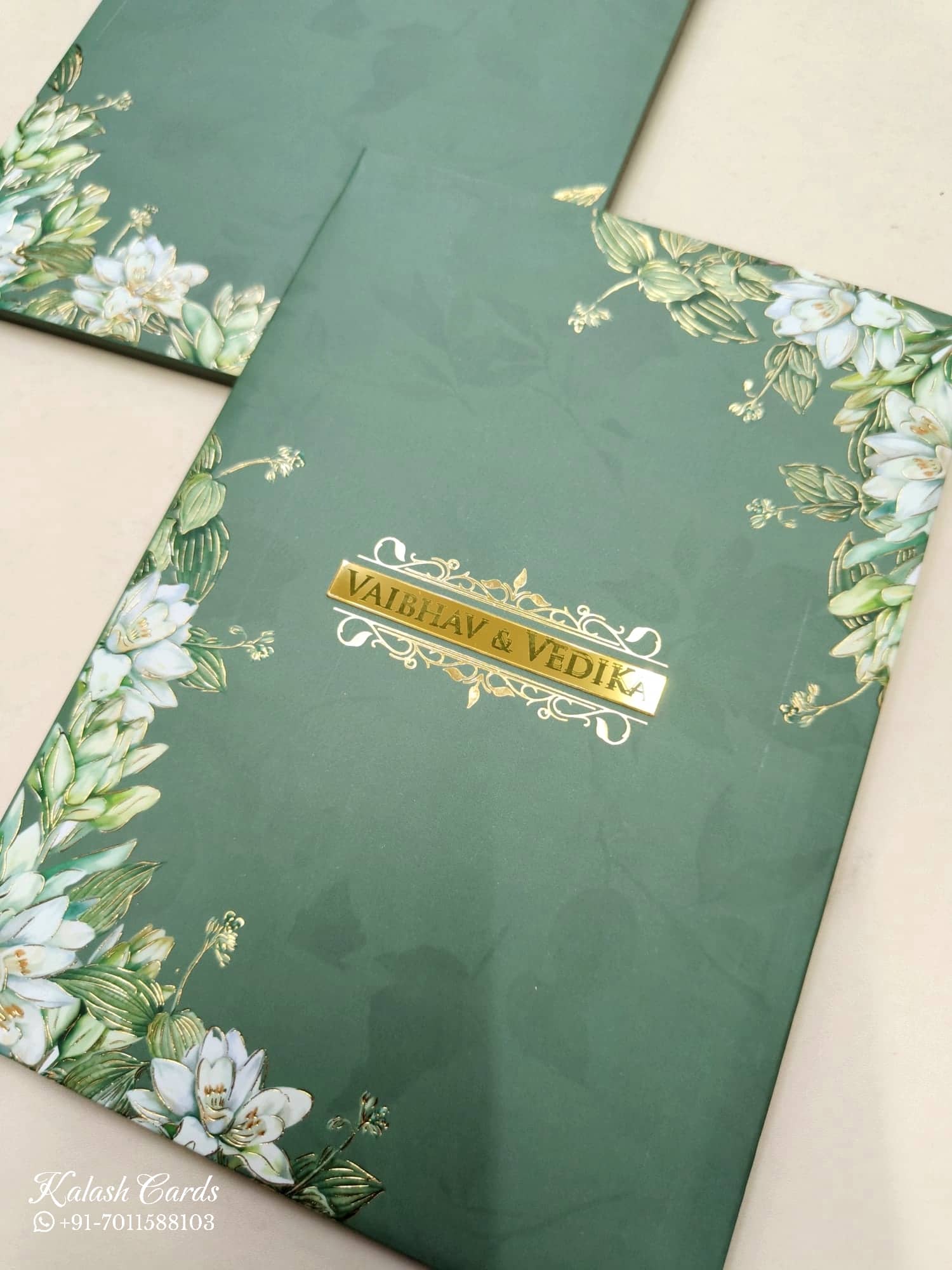 KLB818 Floral Design Green Color Hardboard Padding Thick Wedding Card (2 Page & Couple Name Acrylic)
