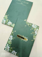 KLB818 Floral Design Green Color Hardboard Padding Thick Wedding Card (2 Page & Couple Name Acrylic)