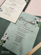 KLB818 Floral Design Green Color Hardboard Padding Thick Wedding Card (2 Page & Couple Name Acrylic)