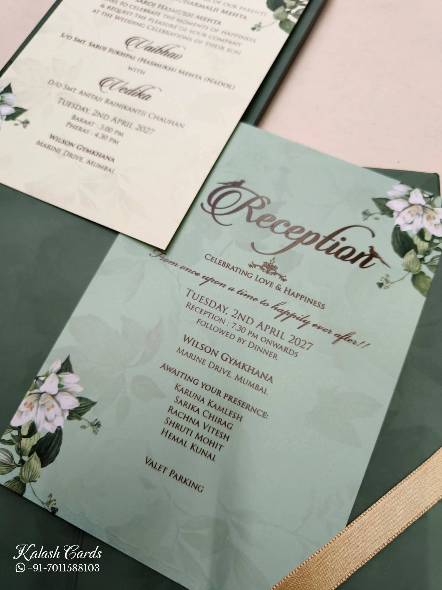 KLB818 Floral Design Green Color Hardboard Padding Thick Wedding Card (2 Page & Couple Name Acrylic)