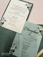 KLB818 Floral Design Green Color Hardboard Padding Thick Wedding Card (2 Page & Couple Name Acrylic)