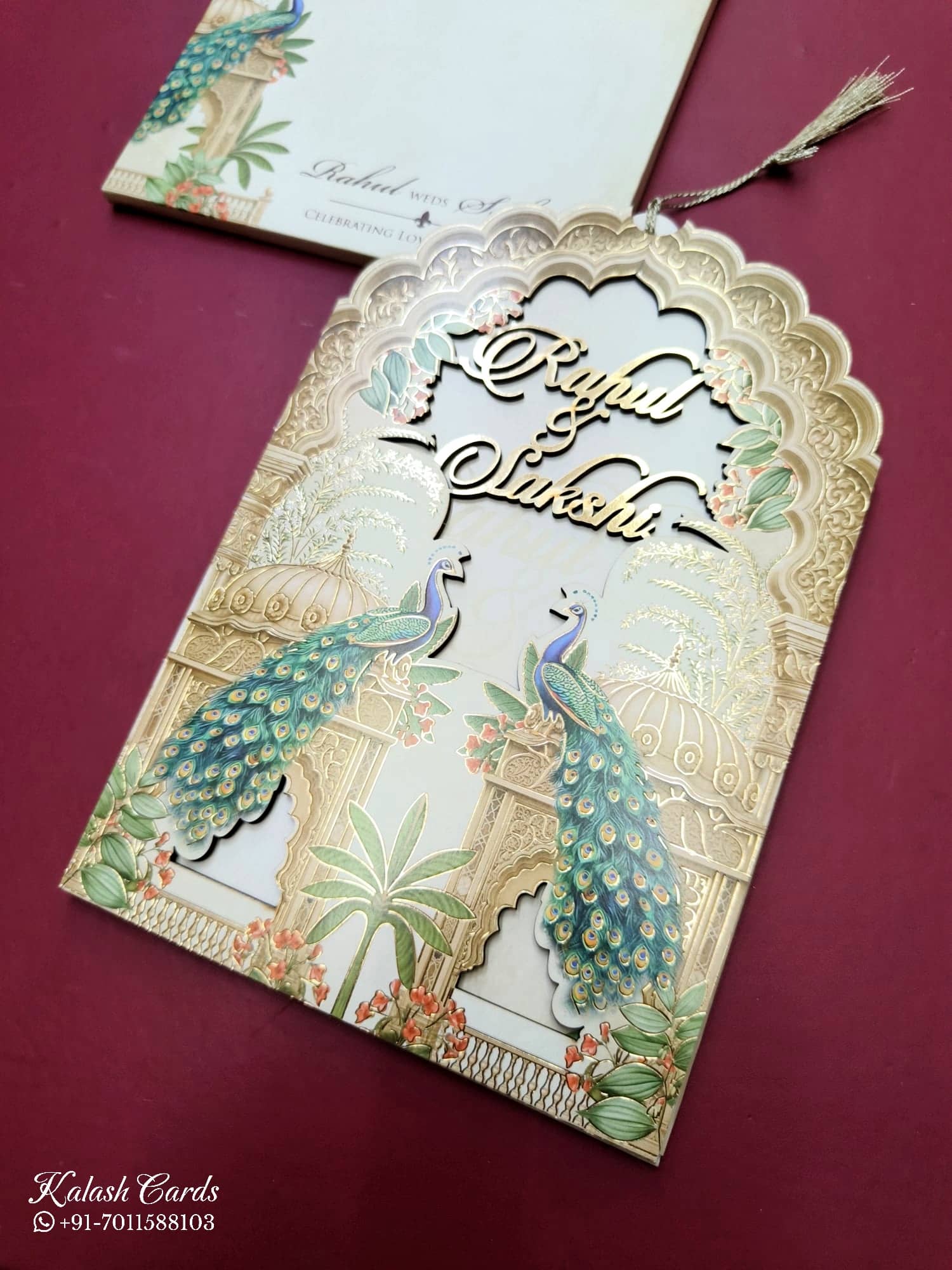 KLB819 Peacock Design Creme Brown Color Couple Name Laser Cut MDF Thick Wedding Card (2 Page)