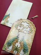 KLB819 Peacock Design Creme Brown Color Couple Name Laser Cut MDF Thick Wedding Card (2 Page)
