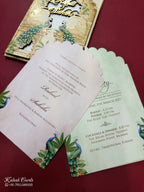 KLB819 Peacock Design Creme Brown Color Couple Name Laser Cut MDF Thick Wedding Card (2 Page)