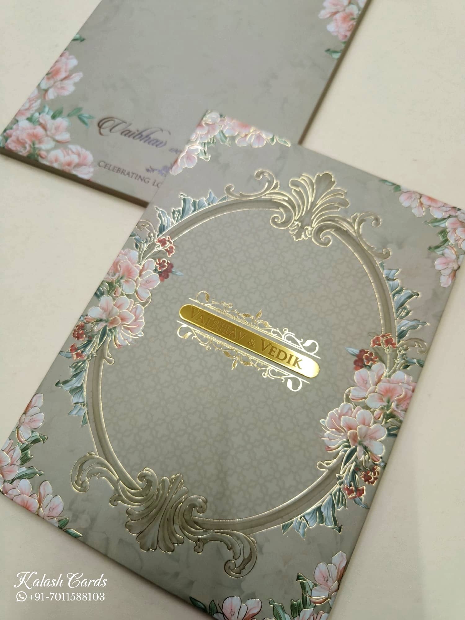KLB820 Floral Traditional Design Brown Color Hardboard Padding Thick Wedding Card (2 Page & Couple Name Acrylic)