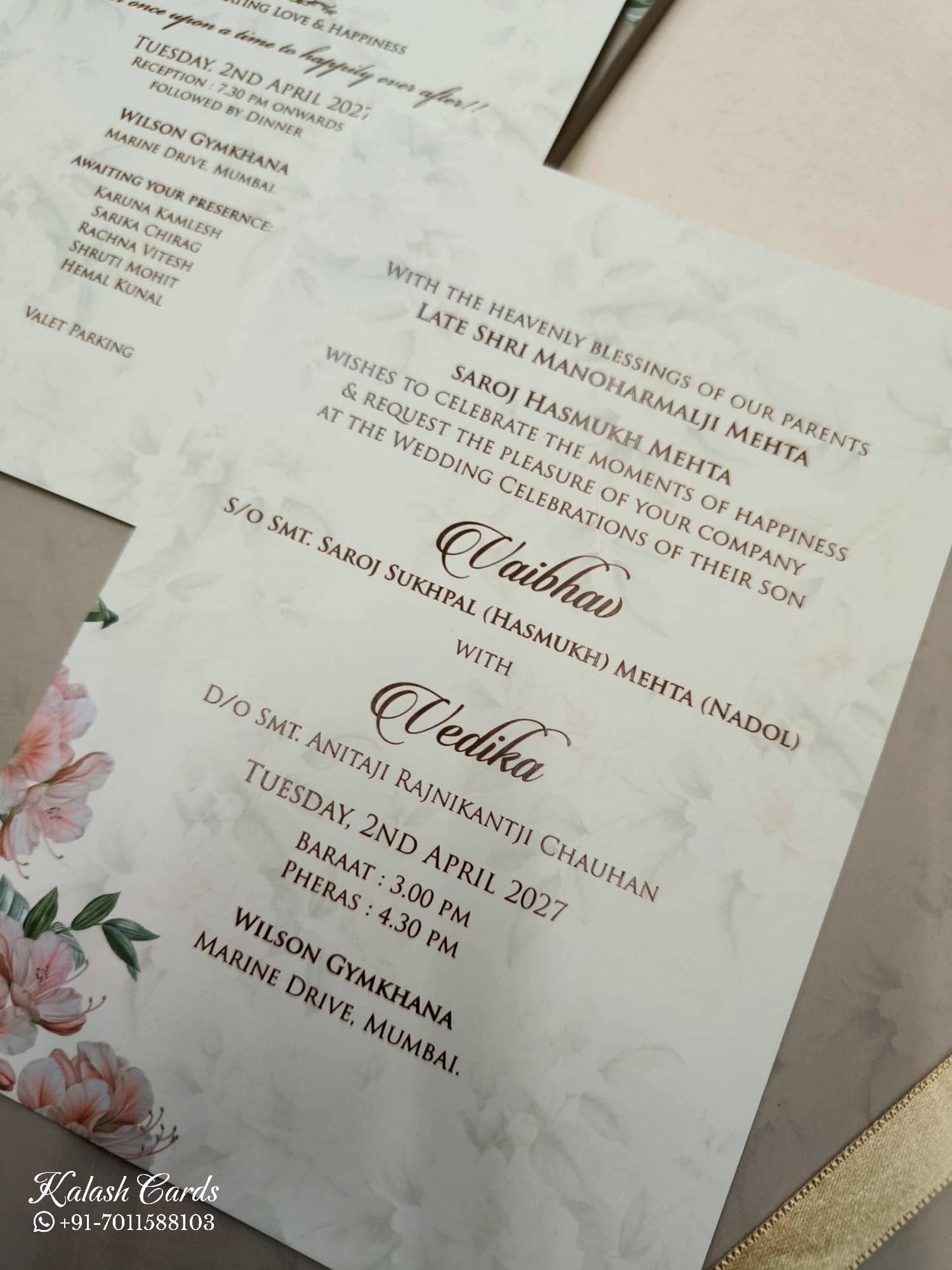KLB820 Floral Traditional Design Brown Color Hardboard Padding Thick Wedding Card (2 Page & Couple Name Acrylic)