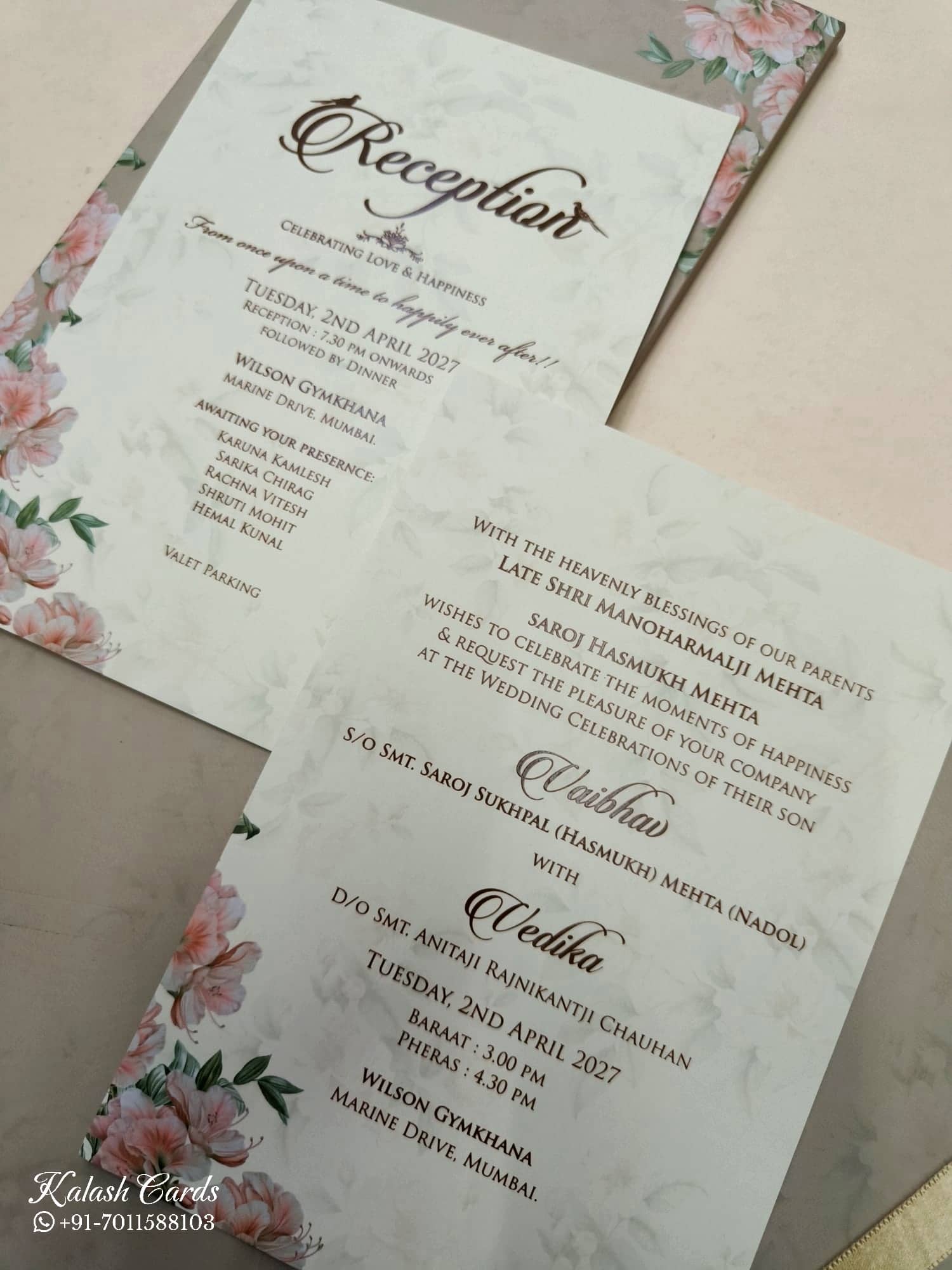 KLB820 Floral Traditional Design Brown Color Hardboard Padding Thick Wedding Card (2 Page & Couple Name Acrylic)