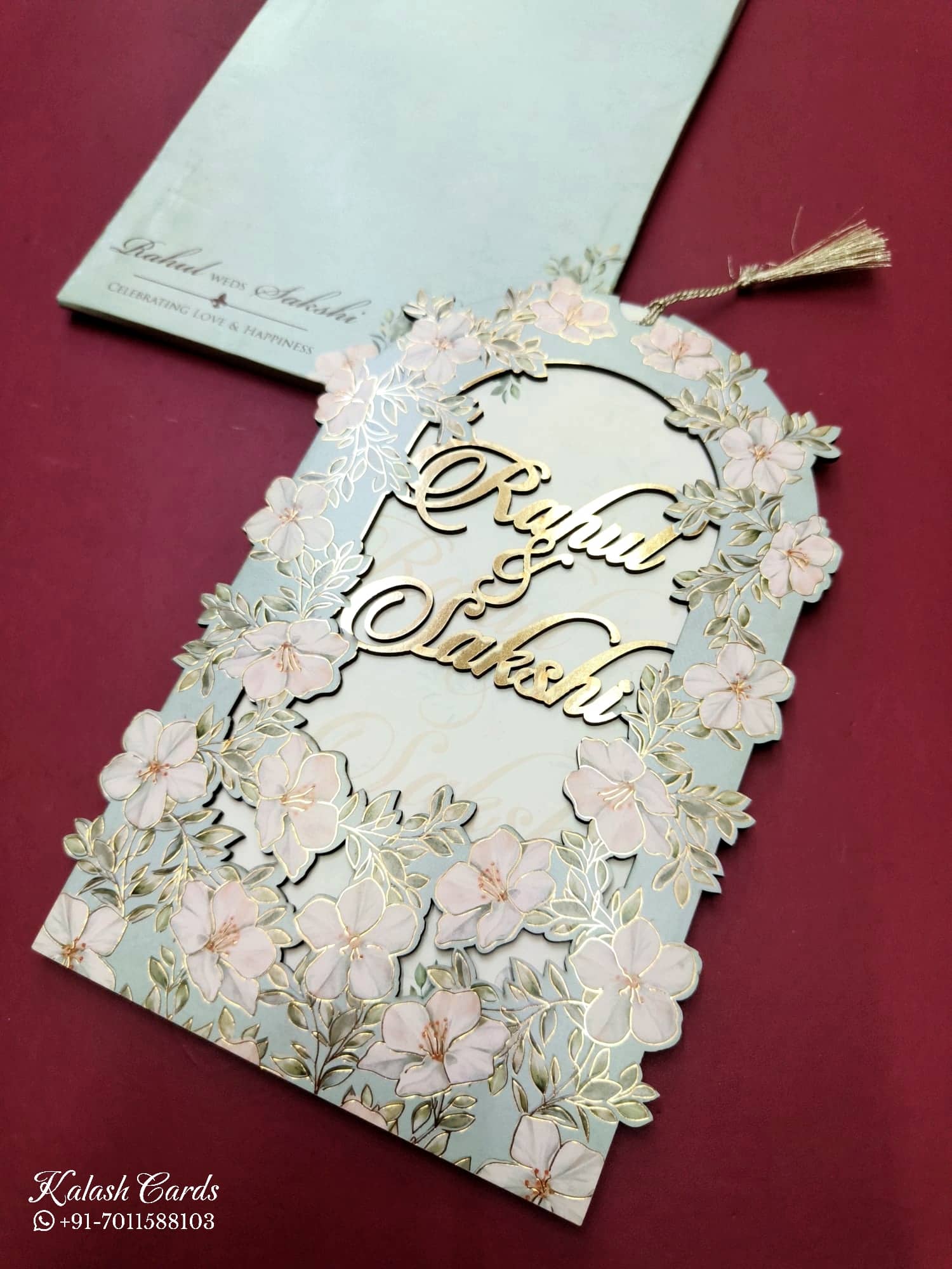 KLB821 Floral Design Blue Color Couple Name Laser Cut MDF Thick Wedding Card (2 Page)
