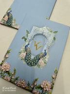 KLB822 Lotus Peacock Design Blue Color Hardboard Padding Thick Wedding Card (2 Page & Couple Initial Acrylic)