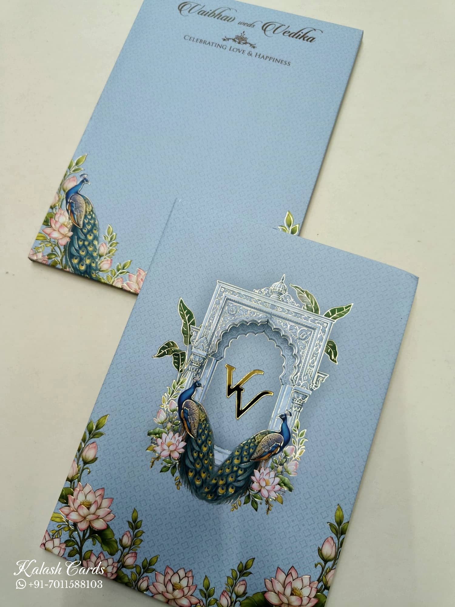 KLB822 Lotus Peacock Design Blue Color Hardboard Padding Thick Wedding Card (2 Page & Couple Initial Acrylic)