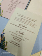 KLB822 Lotus Peacock Design Blue Color Hardboard Padding Thick Wedding Card (2 Page & Couple Initial Acrylic)