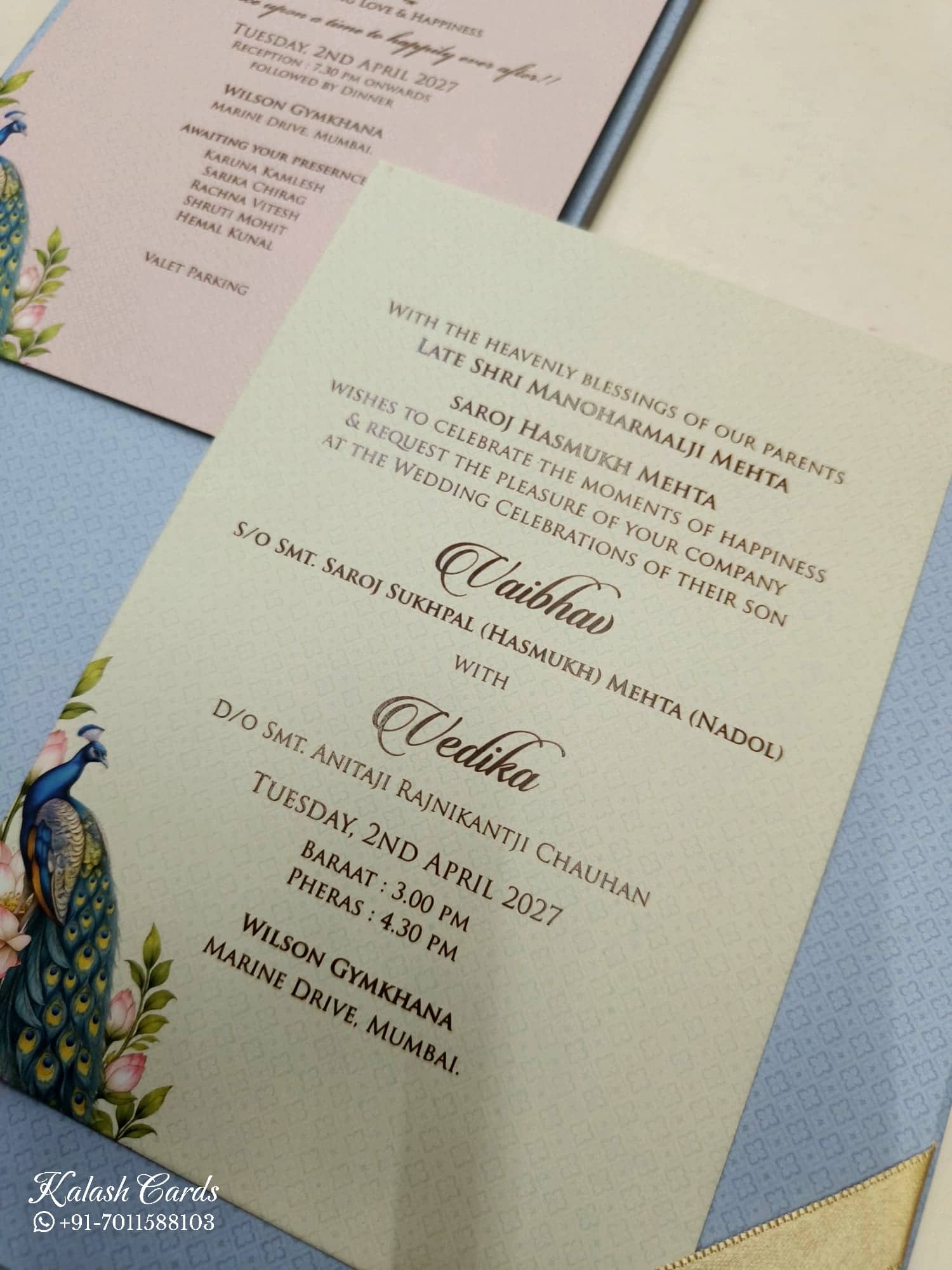 KLB822 Lotus Peacock Design Blue Color Hardboard Padding Thick Wedding Card (2 Page & Couple Initial Acrylic)