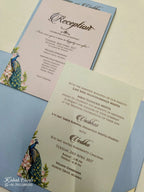KLB822 Lotus Peacock Design Blue Color Hardboard Padding Thick Wedding Card (2 Page & Couple Initial Acrylic)