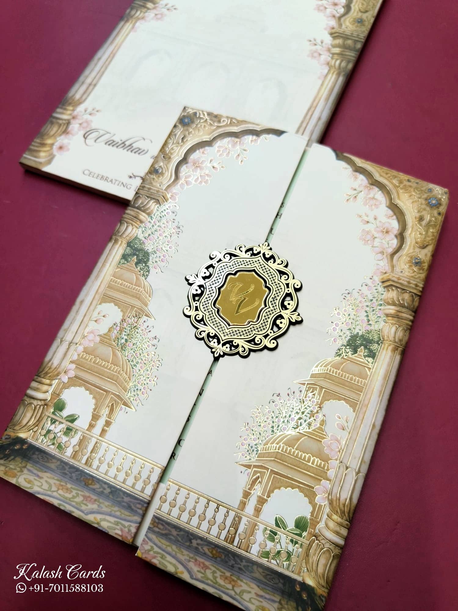 KLB823 Royal Fort Design Creme Brown Color Double Door Style Hardboard Padding Thick Wedding Card (2 Page & Couple Initial Acrylic)
