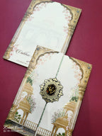 KLB823 Royal Fort Design Creme Brown Color Double Door Style Hardboard Padding Thick Wedding Card (2 Page & Couple Initial Acrylic)